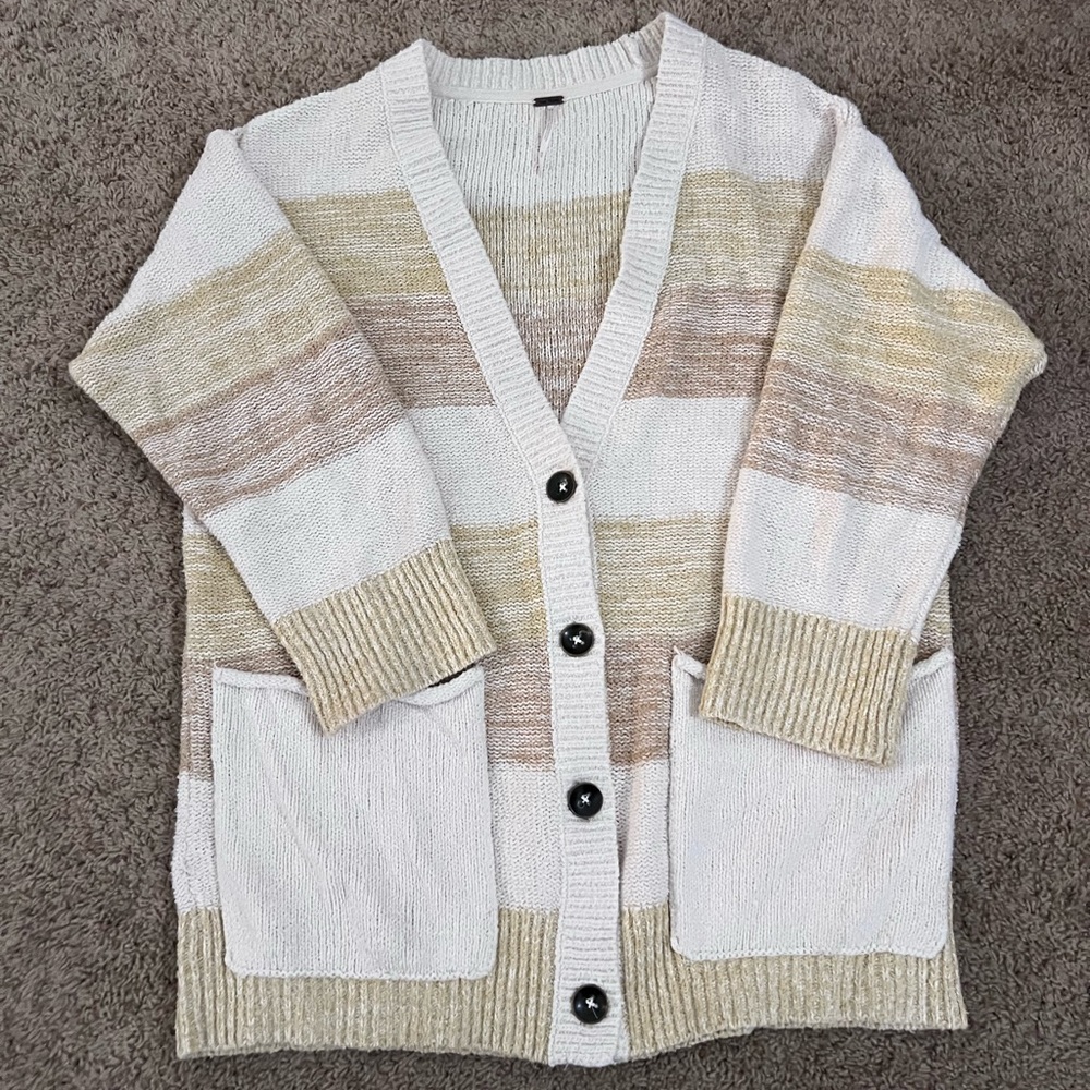 Free People Striped Cream and Beige Open Cardigan